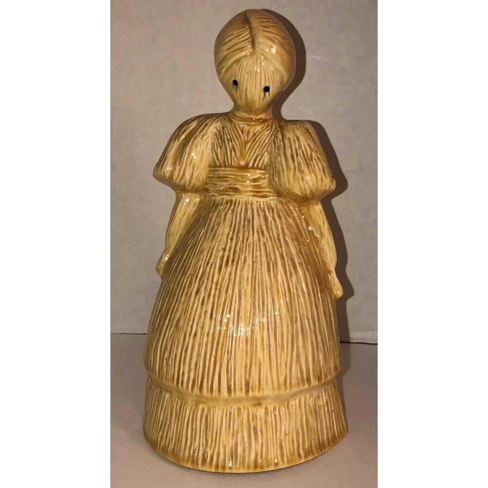 VTG 80s CORN HUSK DOLL WOMAN 10” Ceramic Figurine Creepy Hay Crying Eyes Hollow